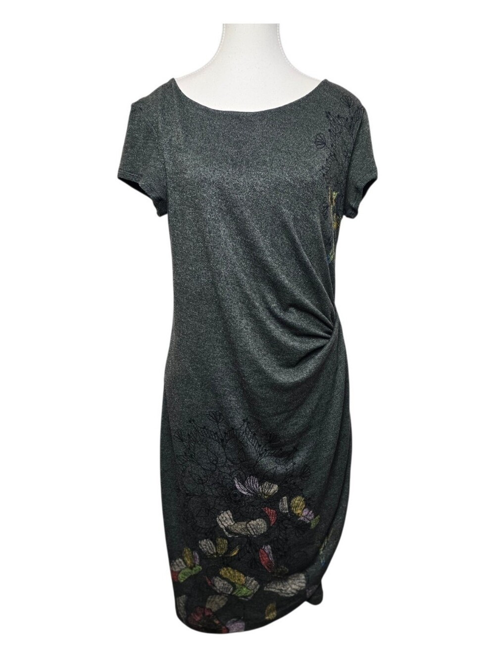 DESIGUAL Gray Floral Midi Dress Short Sleeve Side Ruching Floral Print Size L
